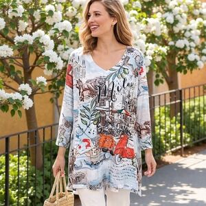One World Cityscape Tunic Top 1X Artsy Boho Lagenlook Sharkbite Hem Bohemian